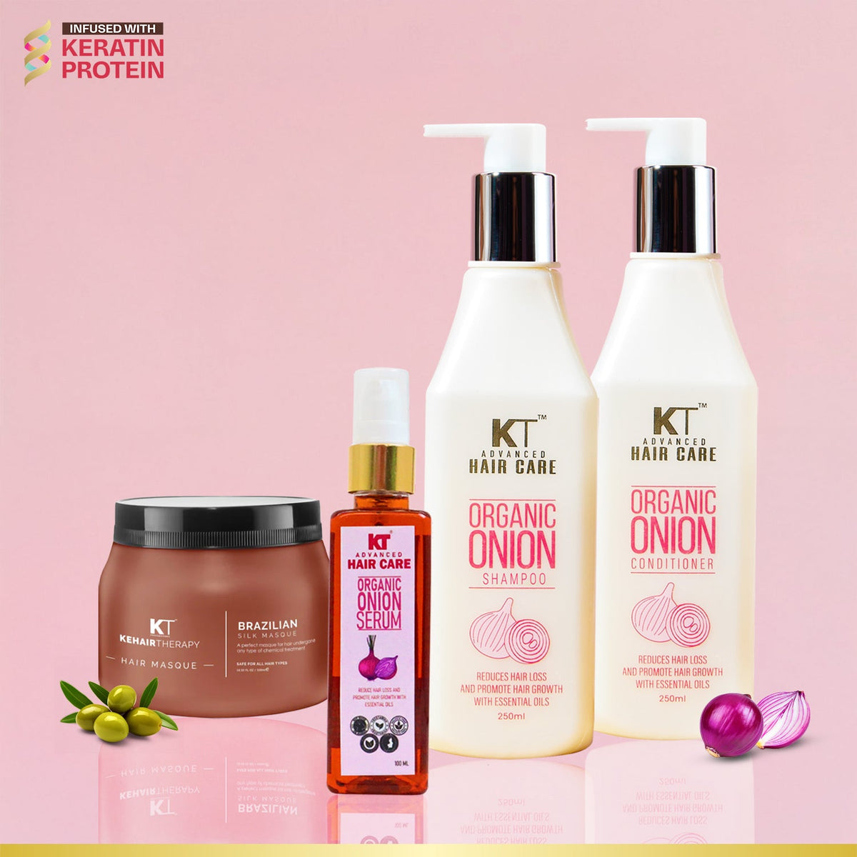 Organic Onion Shampoo & Conditioner 250ml + Onion Serum 100ml + Brazilian Silk Masque 500ml