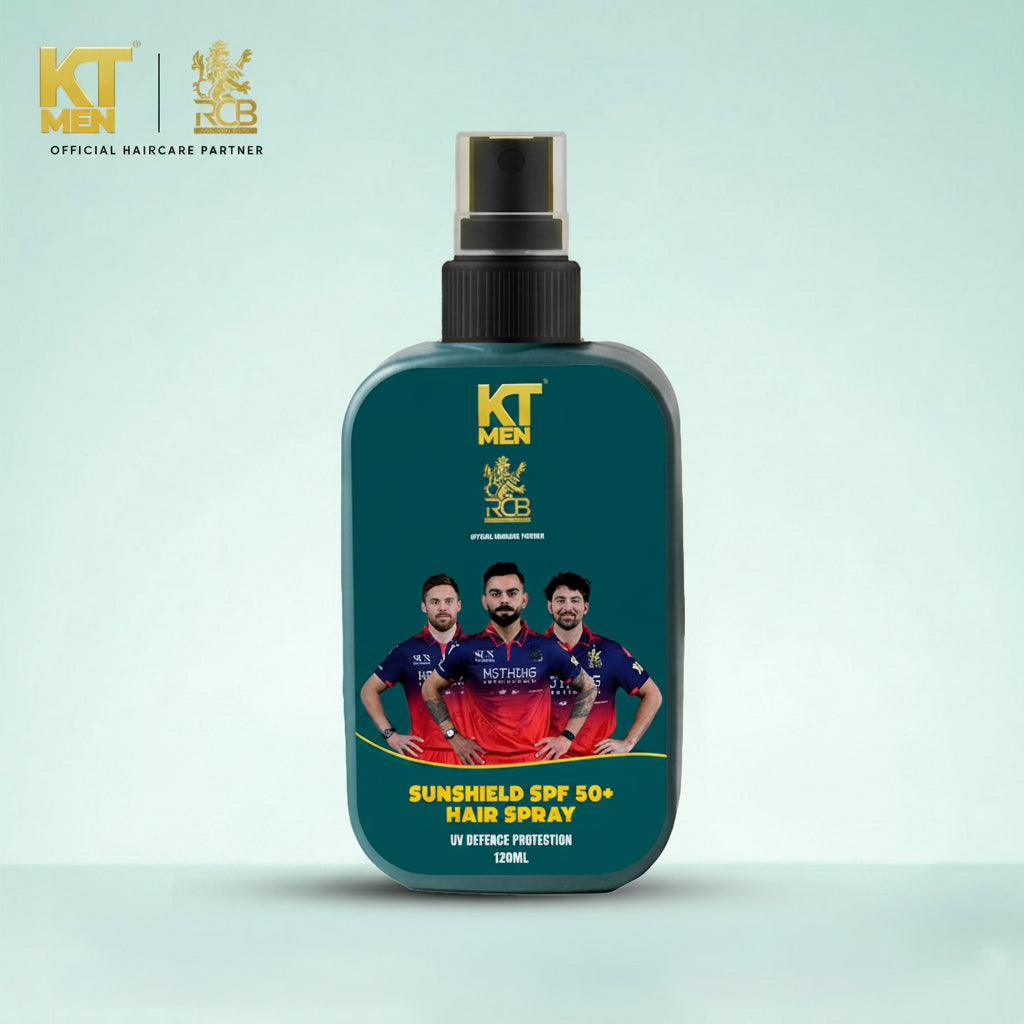 KT Men sunshield SPF 50+ hair spray bottle with RCB branding and product details on a light blue background.