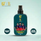 KT Men sunshield SPF 50+ hair spray bottle with RCB branding and product details on a light blue background.