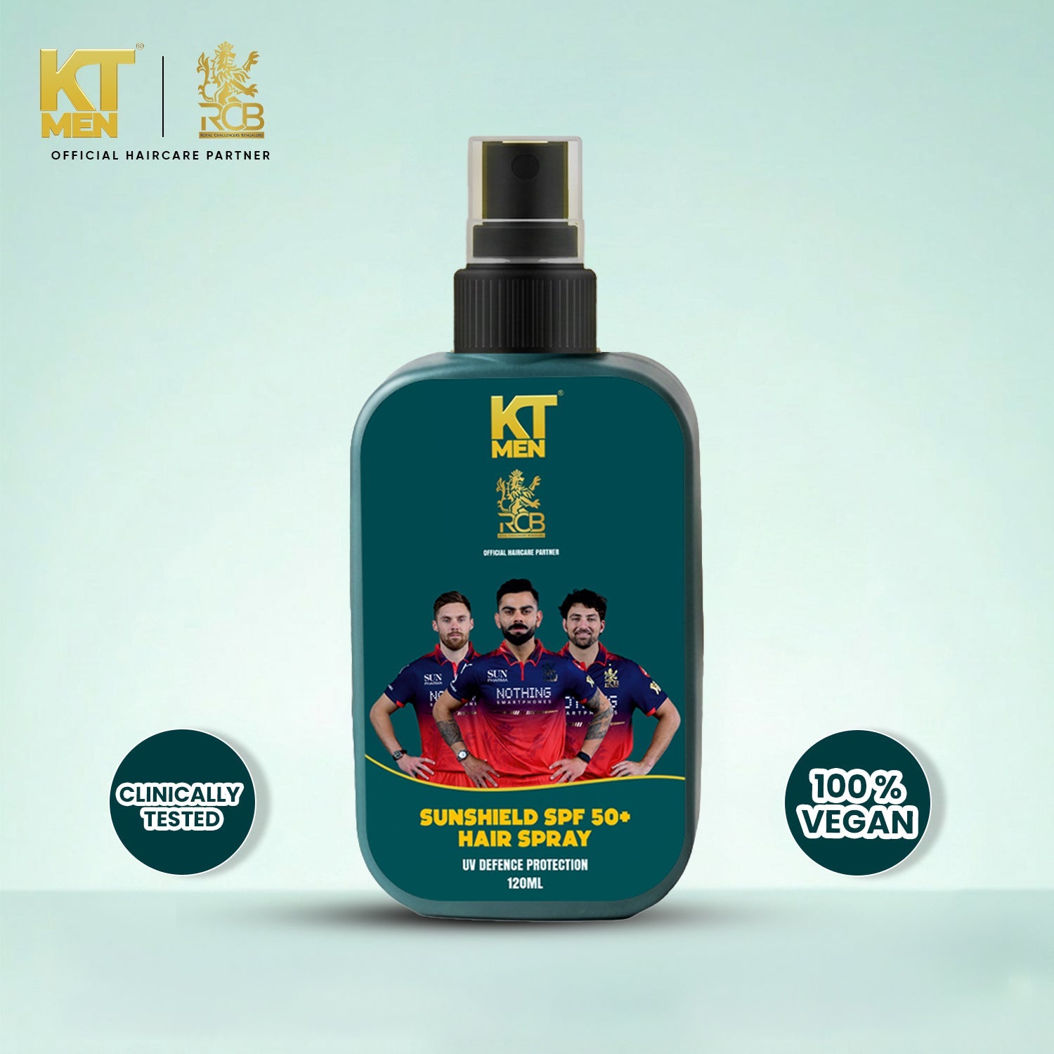 KT Men sunshield SPF 50+ hair spray bottle with RCB branding and product details on a light blue background.