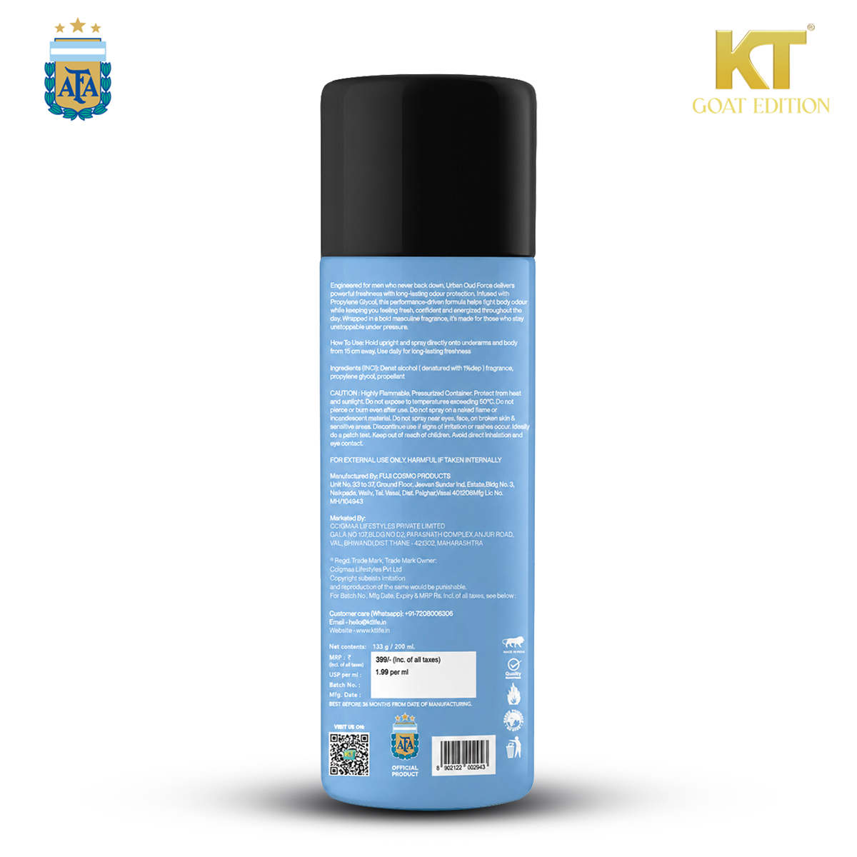 KT GOAT Edition Urban Oud Force Deodorant Spray for Men | 12HR Freshness | 200ml