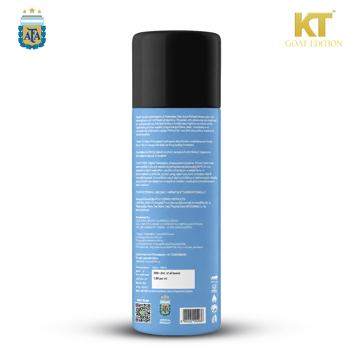 KT GOAT Edition Max Aqua Refresh Deodorant Spray | Citrus & Musk Fragrance | 12Hr Odor Defense | Long Lasting Freshness | 200ml