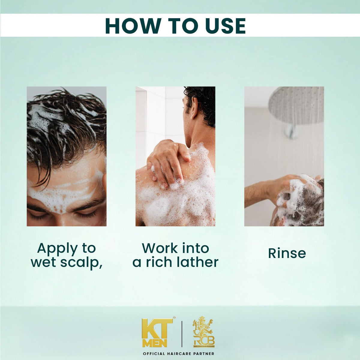 KT Men DarkRevive Anti-Grey Shampoo How To Use - Apply to Wet Scalp Work Into Rich Lather and Rinse, Step by Step Anti Grey Hair Wash Guide for Men