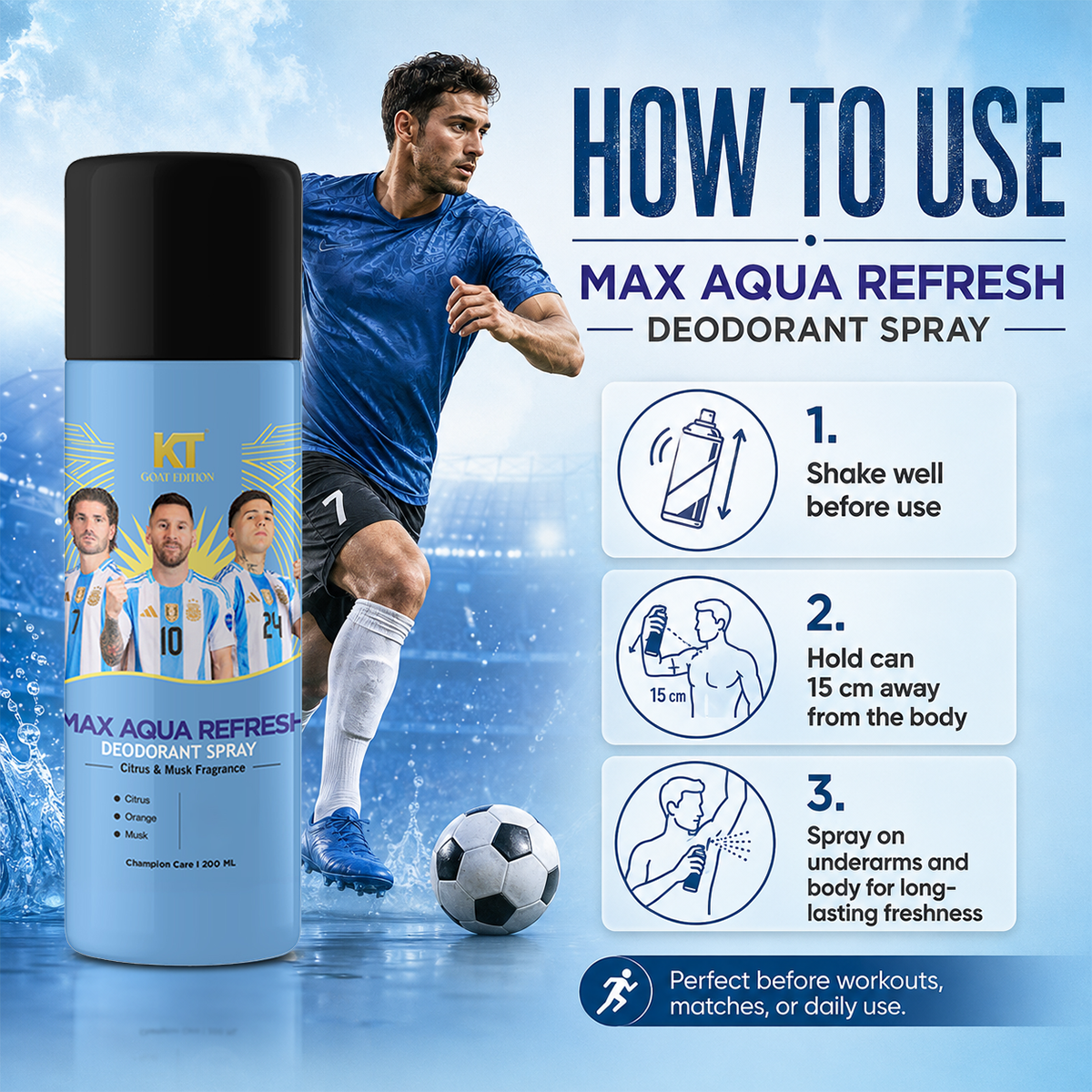KT GOAT Edition Max Aqua Refresh Deodorant Spray | Citrus & Musk Fragrance | 12Hr Odor Defense | Long Lasting Freshness | 200ml