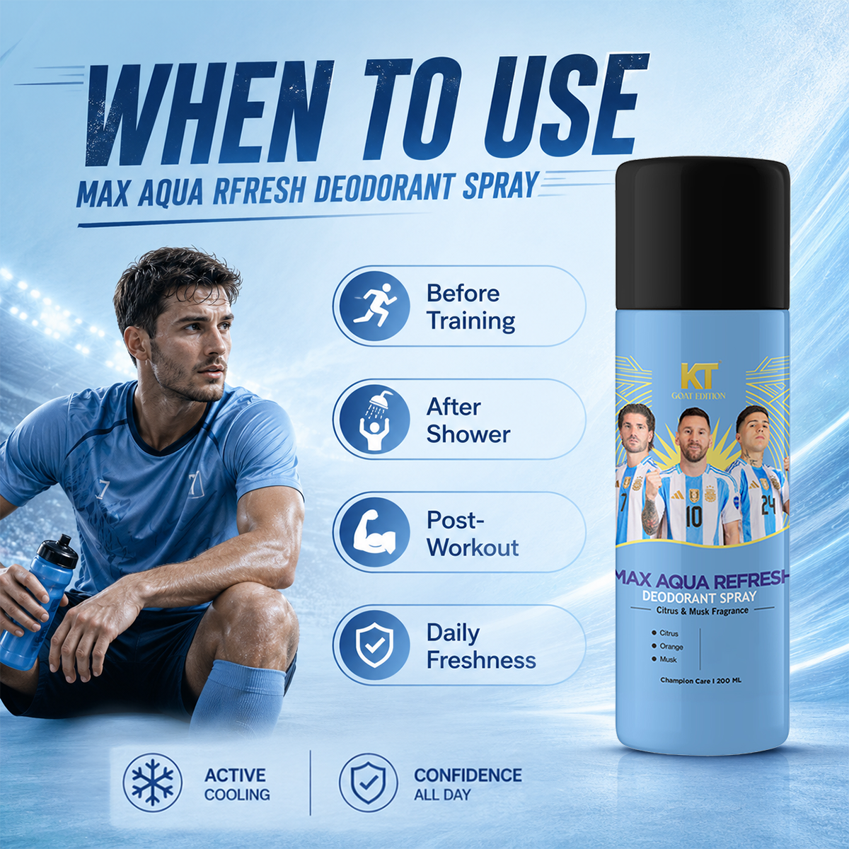 KT GOAT Edition Max Aqua Refresh Deodorant Spray | Citrus & Musk Fragrance | 12Hr Odor Defense | Long Lasting Freshness | 200ml