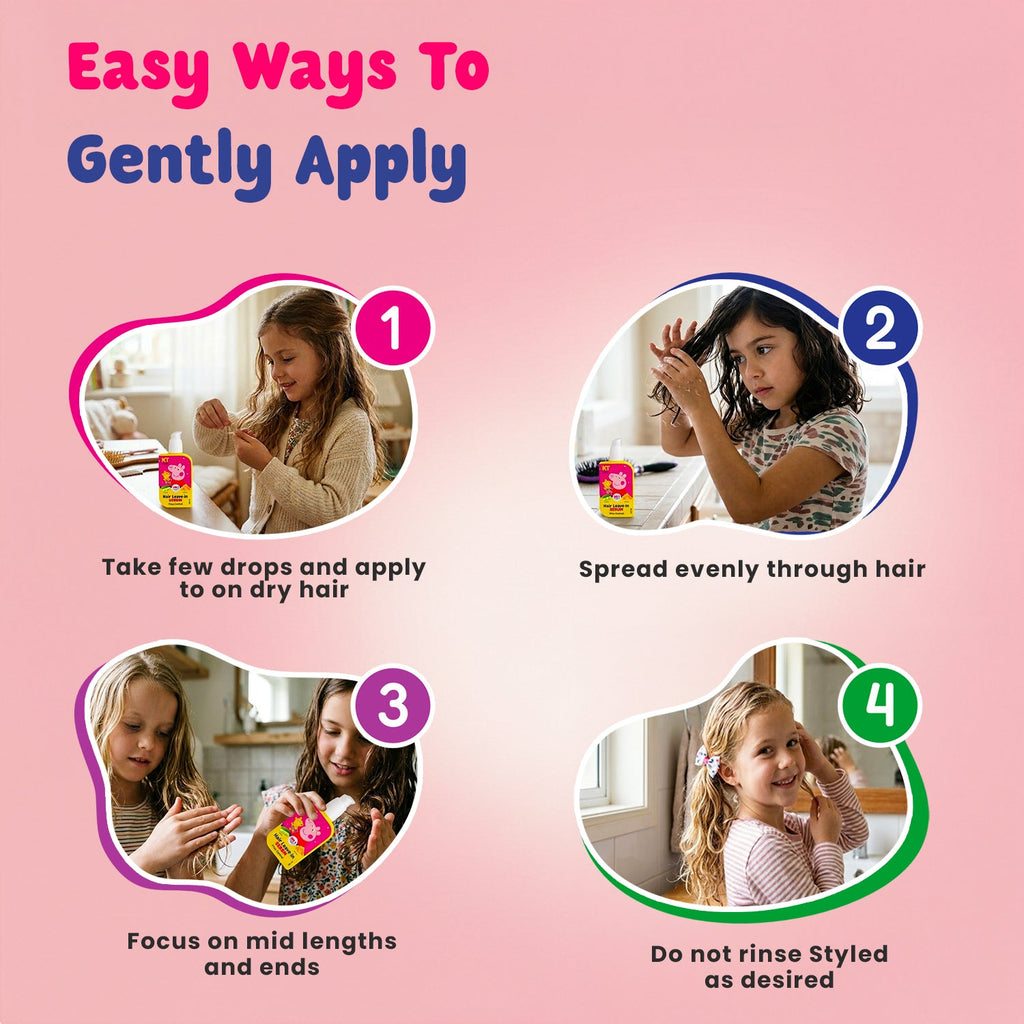 KT Kids Peppa Pig Hair Leave-In Serum Application Guide - Easy 4-Step How To Apply Kids Leave-In Serum on Dry Hair, Spread Through Hair and Style Without Rinsing