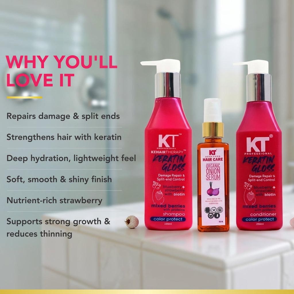 Keratin Shampoo, Conditioner & Onion Serum Set | 3-Step Hair Repair