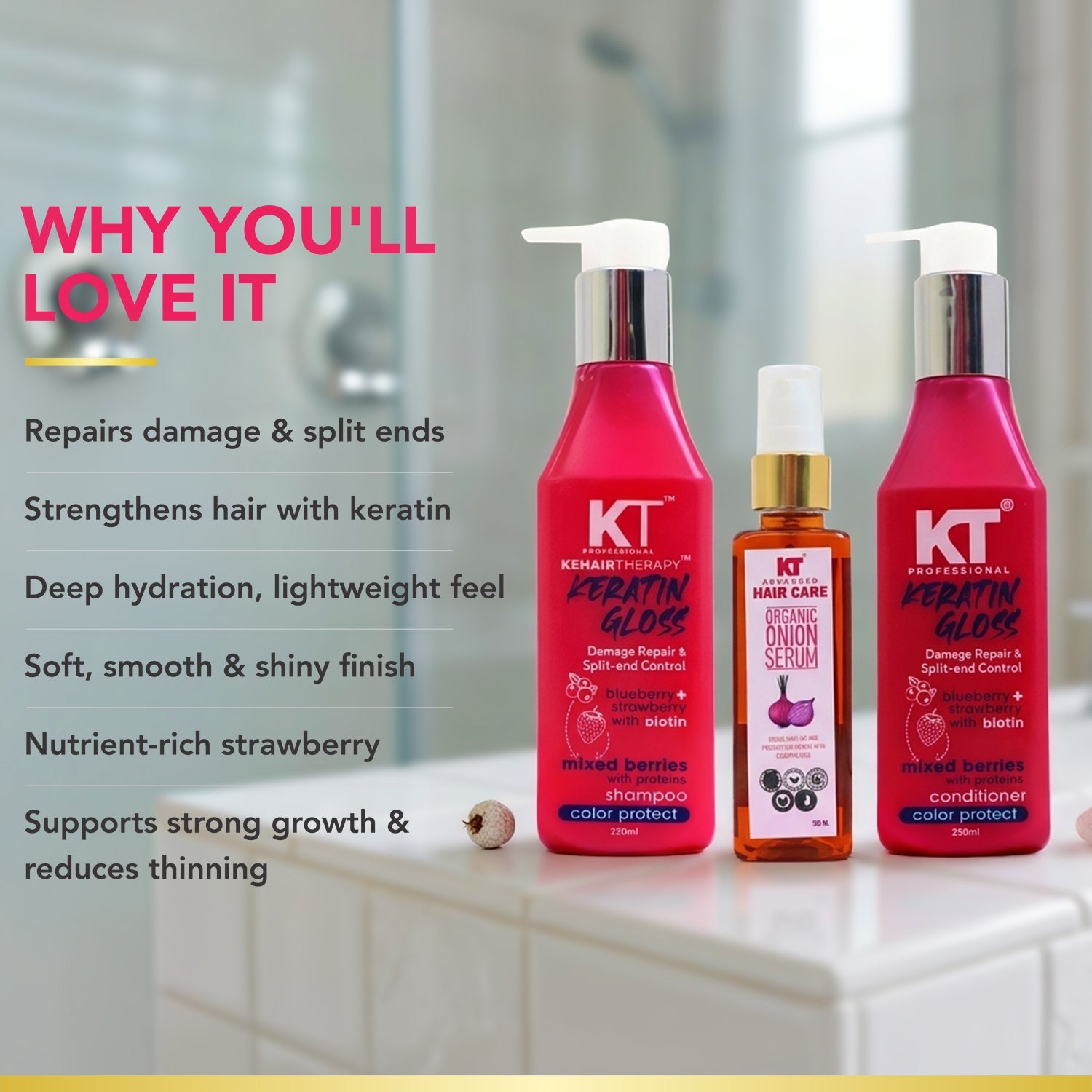 Keratin Shampoo, Conditioner & Onion Serum Set | 3-Step Hair Repair