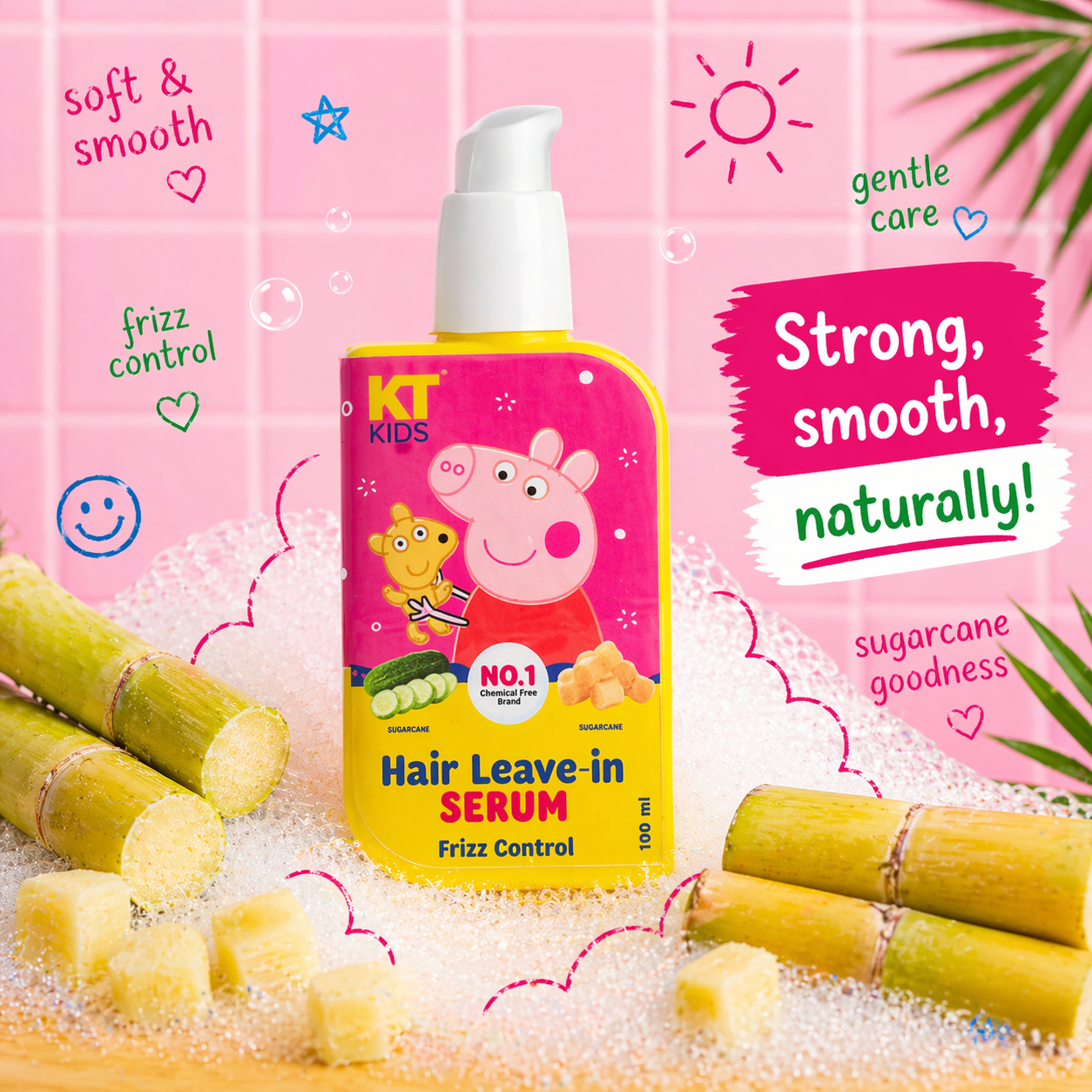 KT Kids Peppa Pig Hair Leave-In Serum - Strong Smooth Naturally, Kids Frizz Control Hair Serum with Sugarcane Goodness for Soft and Gentle Hair Care
