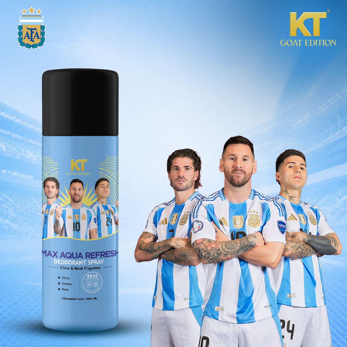 KT GOAT Edition Max Aqua Refresh Deodorant Spray | Citrus & Musk Fragrance | 48Hr Odor Defense | Long Lasting Freshness | 200ml