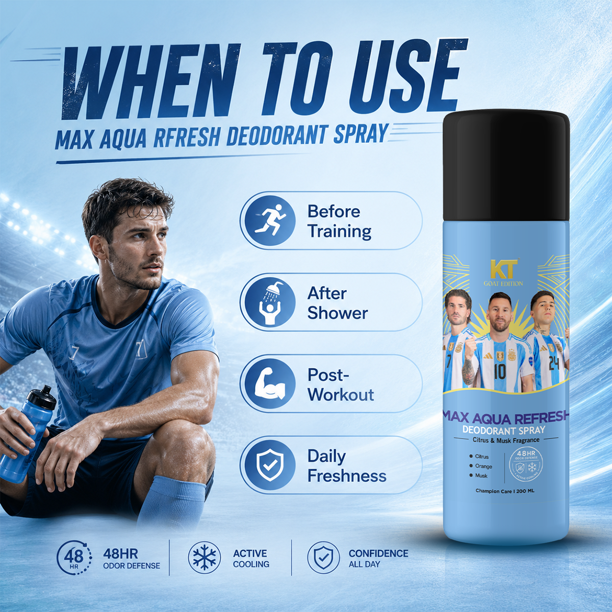 KT GOAT Edition Max Aqua Refresh Deodorant Spray | Citrus & Musk Fragrance | 48Hr Odor Defense | Long Lasting Freshness | 200ml