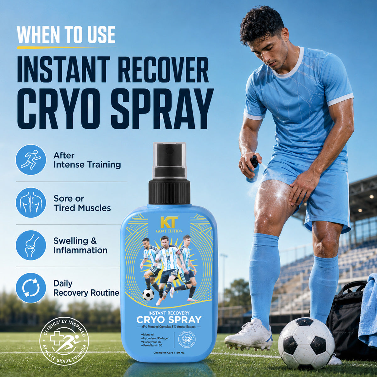 KT GOAT Edition Instant Recovery Cryo Spray – Instant Cooling Relief For Tired Muscles (120 ML)