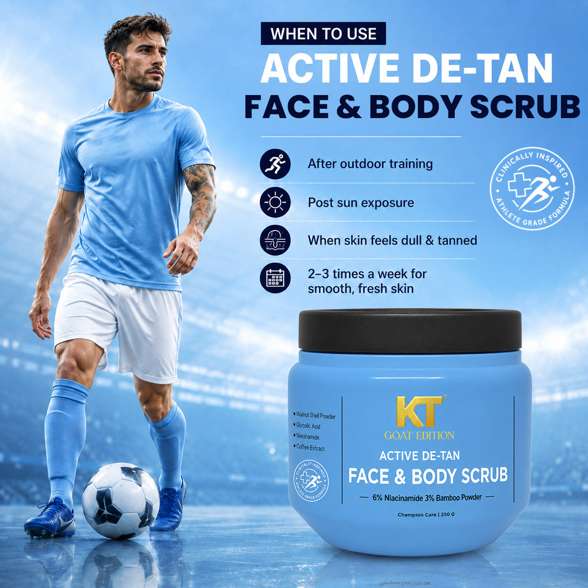 KT GOAT Edition Active De-Tan Face & Body Scrub – Removes Tan & Deep Cleans Dead Skin (250 GM)