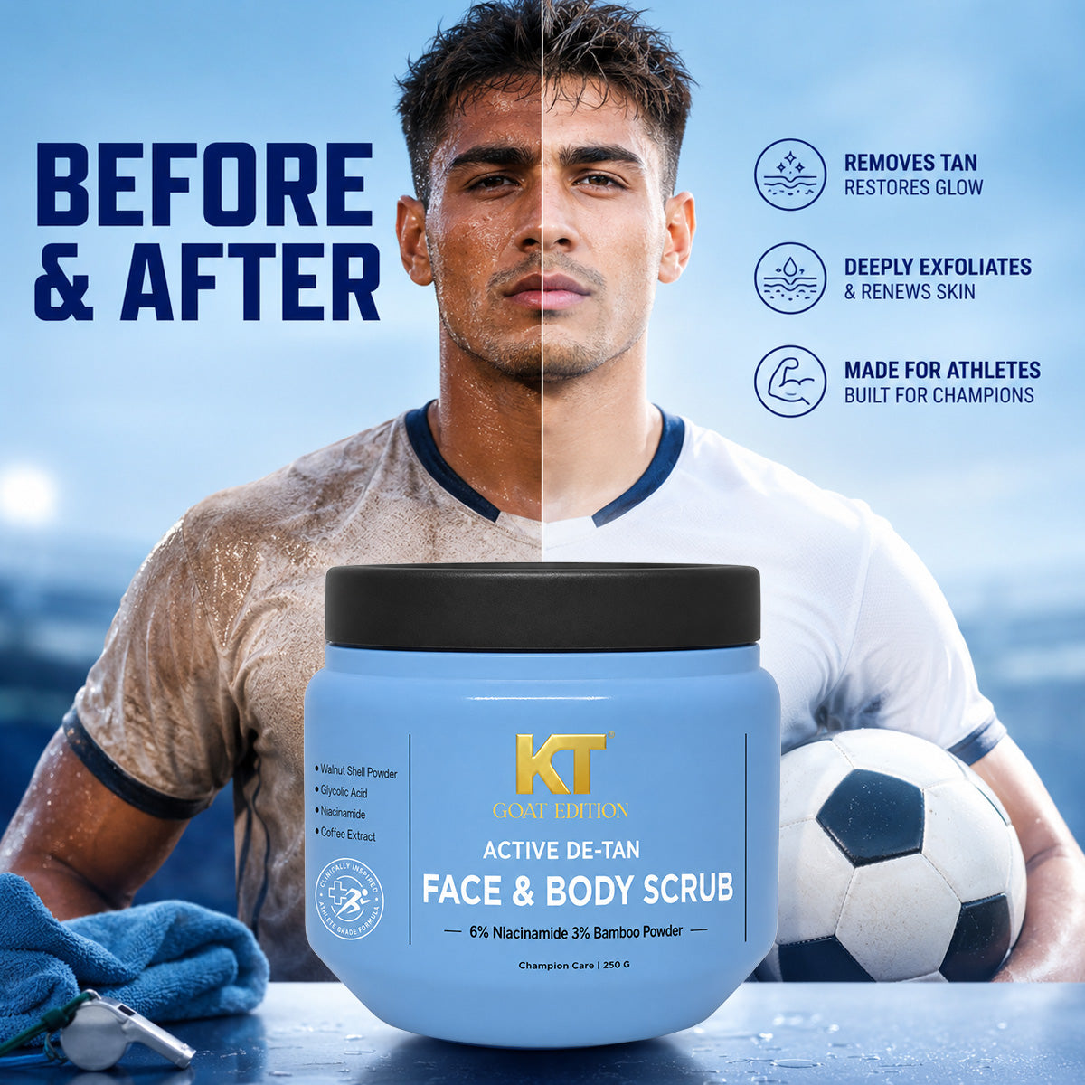 KT GOAT Edition Active De-Tan Face & Body Scrub – Removes Tan & Deep Cleans Dead Skin (250 GM)