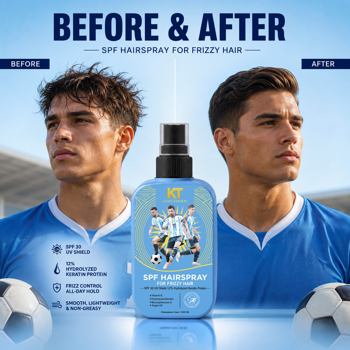 KT GOAT Edition SPF Hairspray For Frizzy Hair – Protects Hair From Heat, UV & Styling Damage (120 ML)