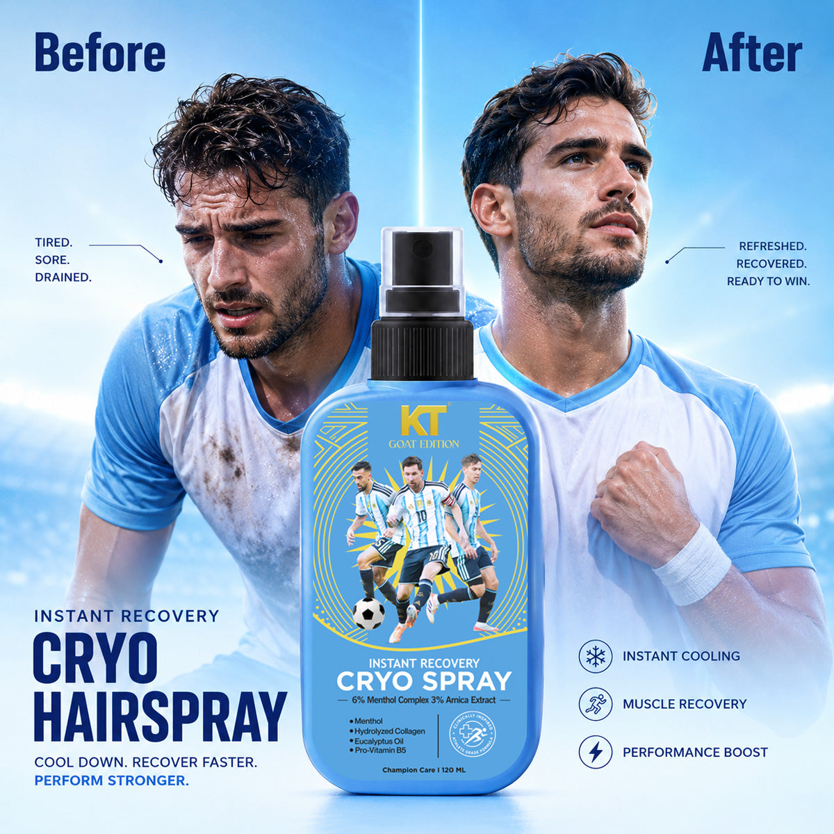 KT GOAT Edition Instant Recovery Cryo Spray – Instant Cooling Relief For Tired Muscles (120 ML)