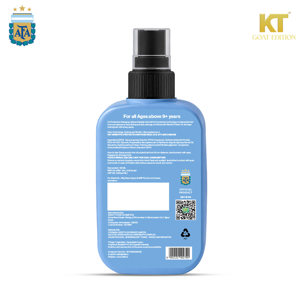 KT GOAT Edition UV Protection Hairspray For Frizzy Hair – Protects Hair From Heat, UV & Styling Damage (120 ML)