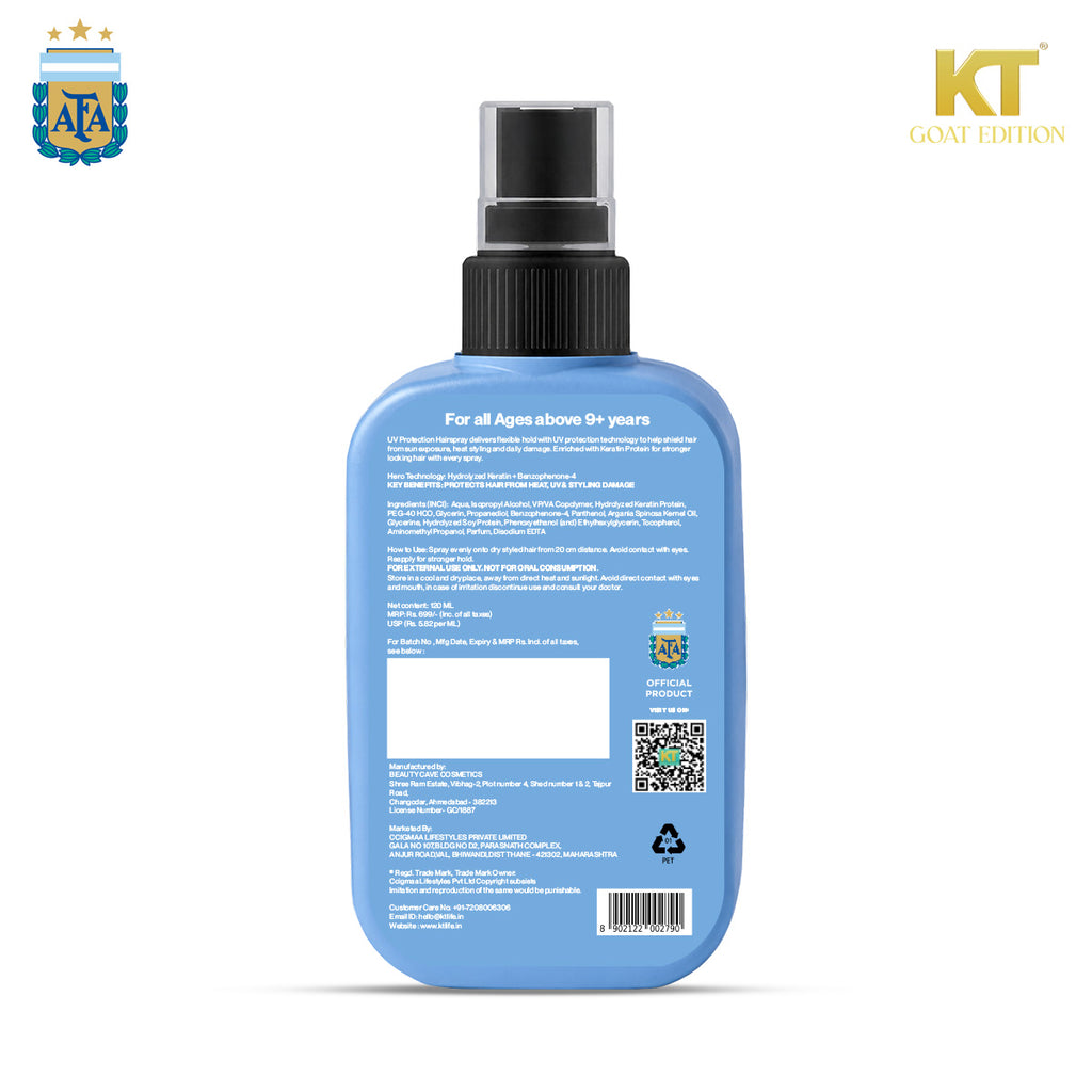 KT GOAT Edition UV Protection Hairspray For Frizzy Hair – Protects Hair From Heat, UV & Styling Damage (120 ML)