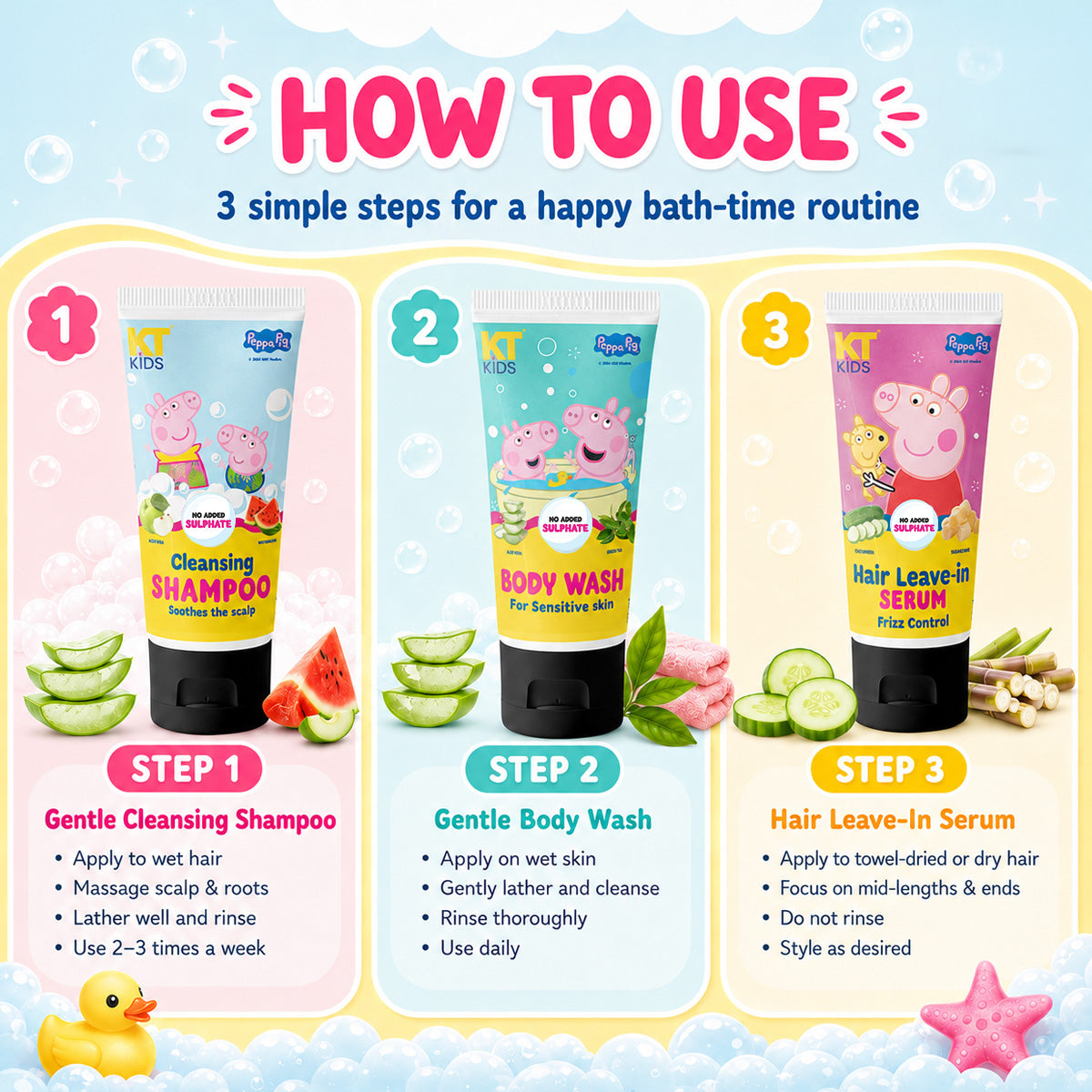 KT Kids x Peppa Pig Bath Time Gift Set | Shampoo, Body Wash & Hair Leave-In Serum
