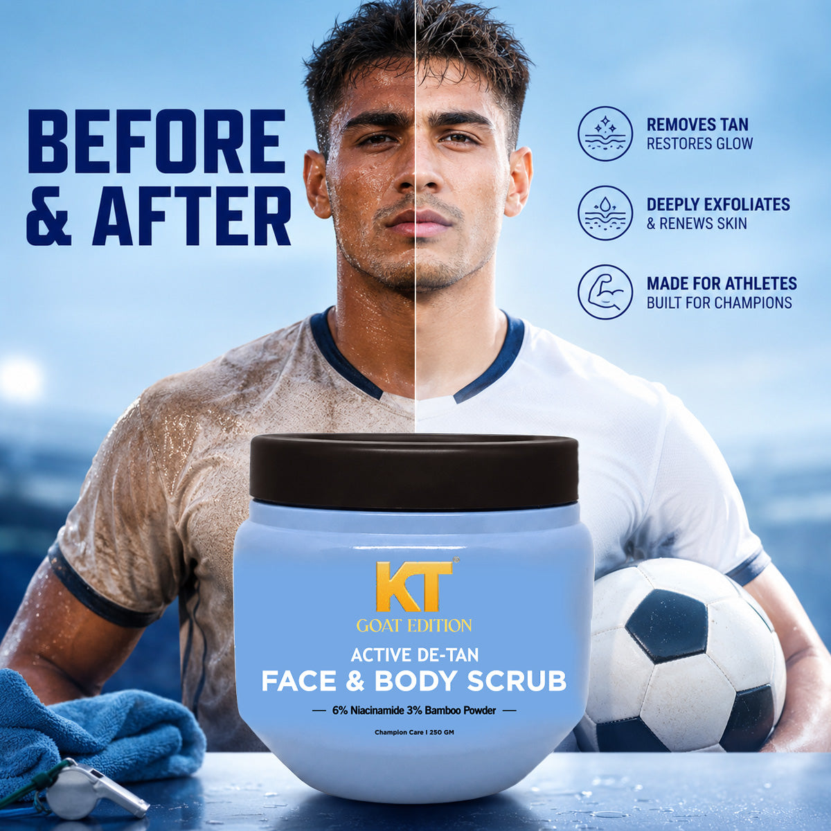 KT GOAT Edition Active De-Tan Face & Body Scrub – Removes Tan & Deep Cleans Dead Skin (250 GM)