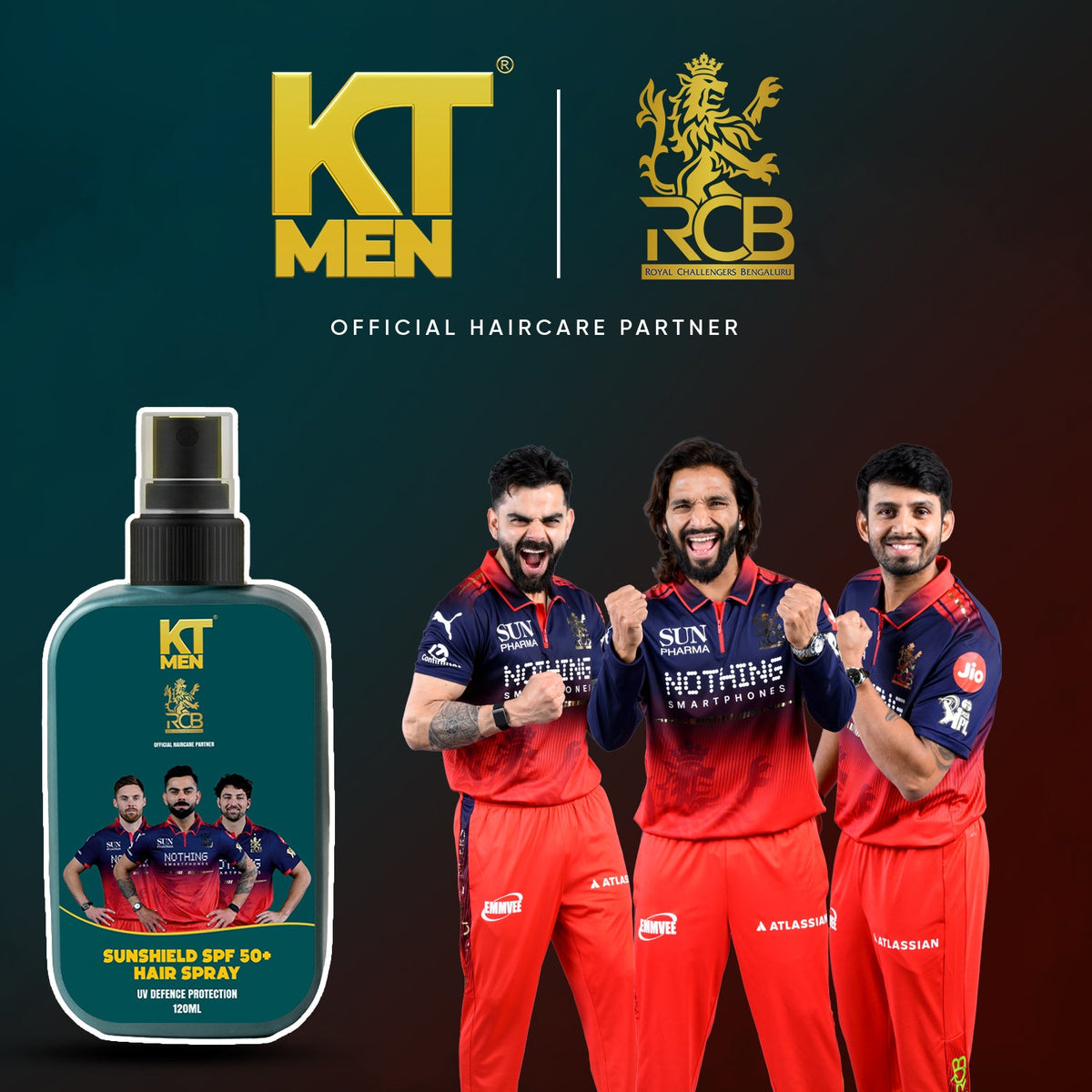 KT Men Sun-shiled-hair-spray product with RCB players.