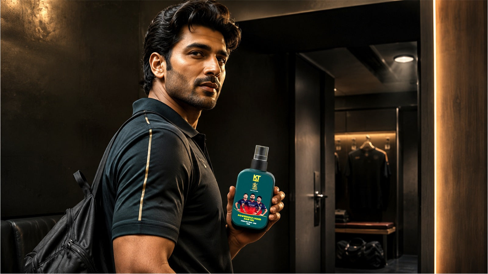 Man with KT Men x RCB grooming product